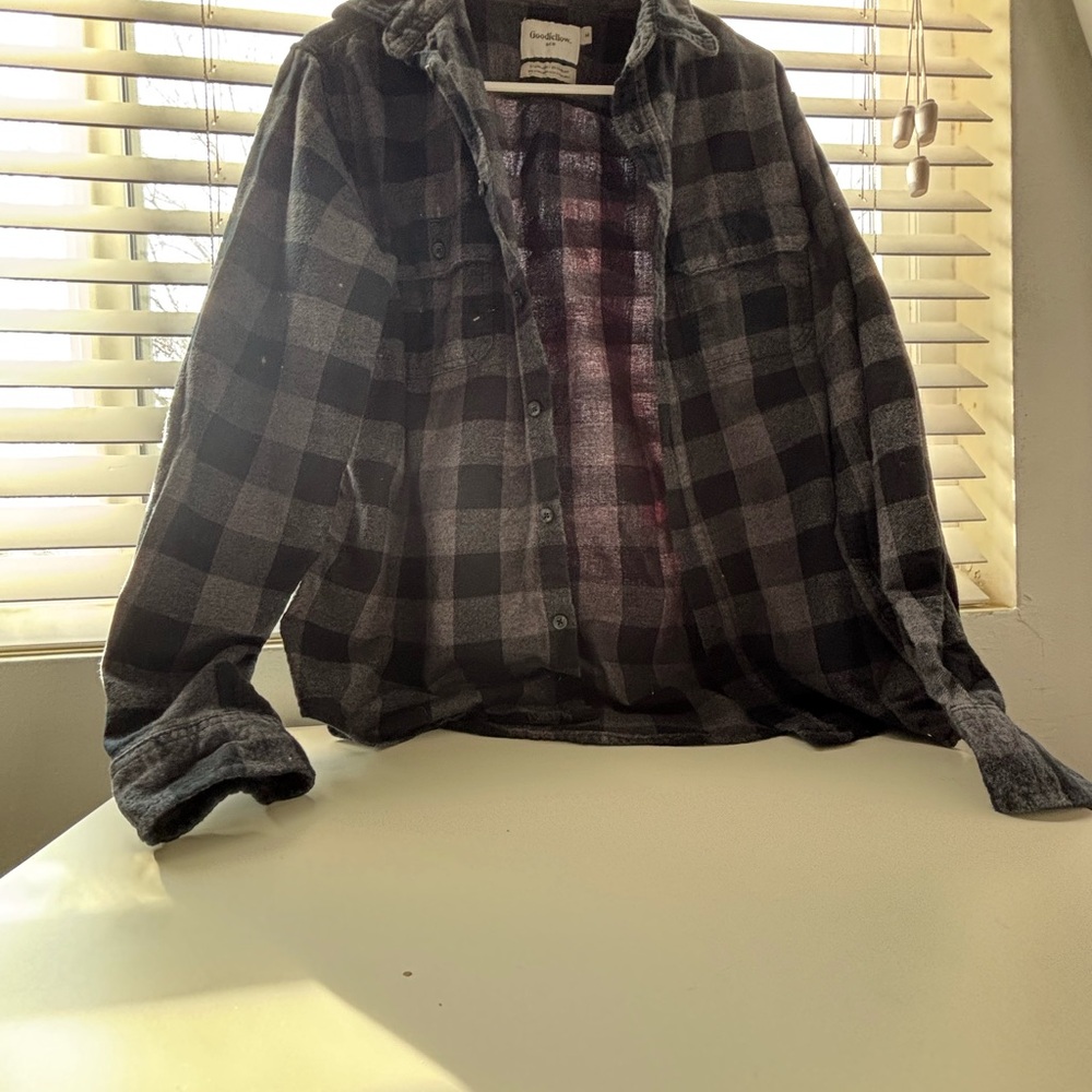 Size medium, black and dark gray plaid
